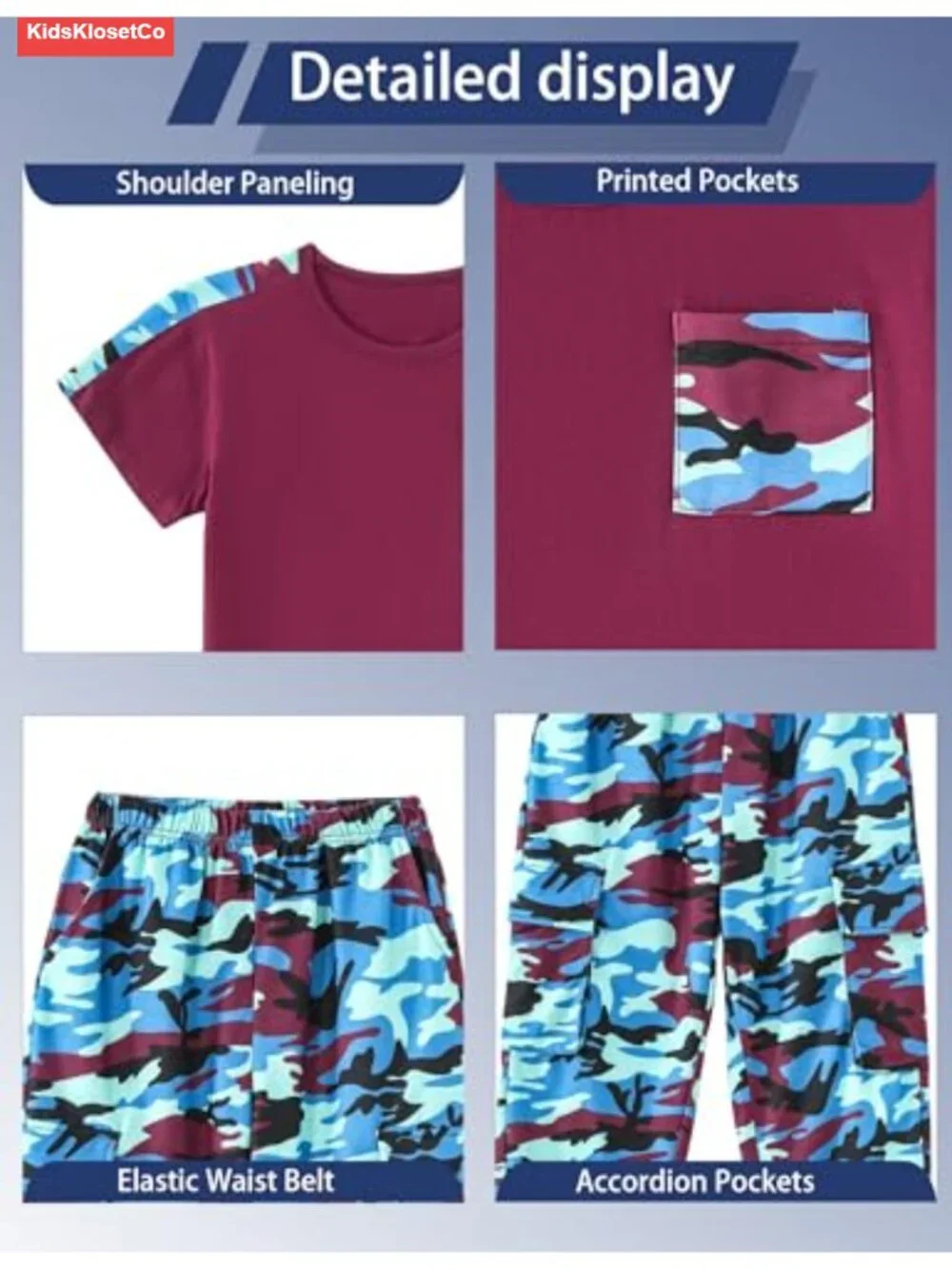 Boys Camo Cargo Pants & Short Sleeve Pocket Tee 2PC Set Kids Summer Tracksuit